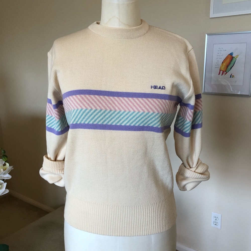 VINTAGE HEAD cream pastel pink purple blue wool tennis sweater